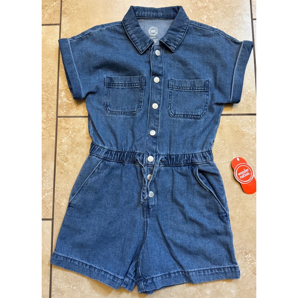 Wonder Nation Denim Romper Girls S 6-7 Blue Utility Snap Front Short Sleeve NEW
